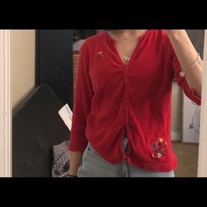 red longsleeve flower shirt or cardigan